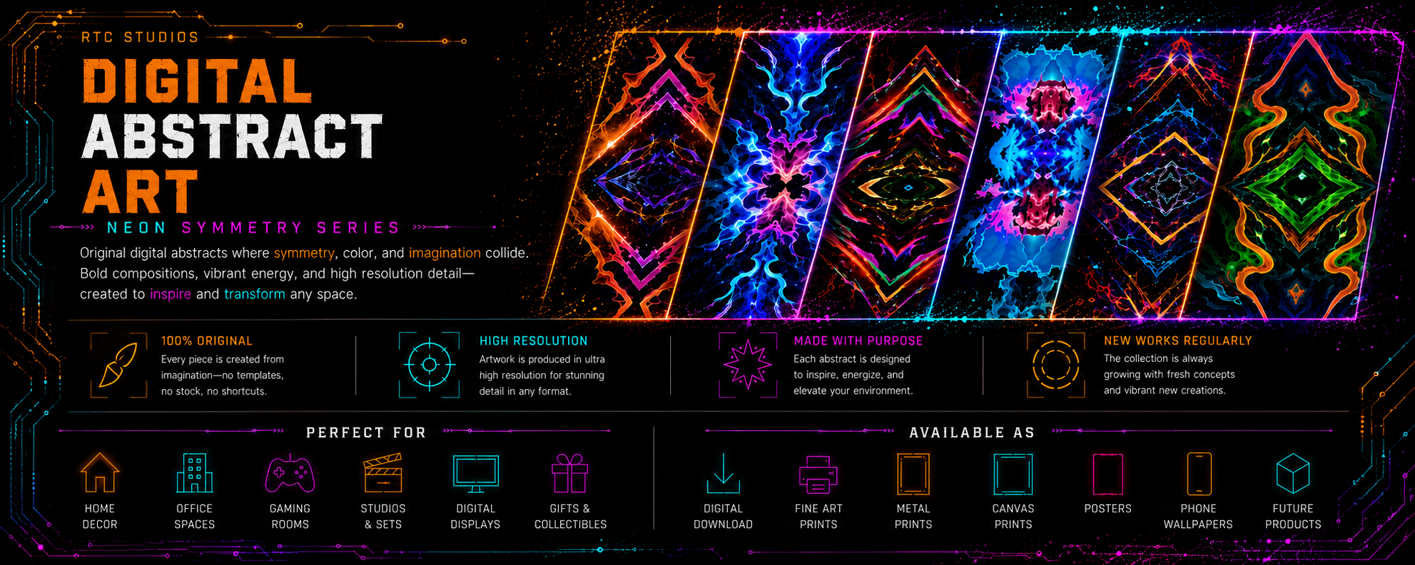 RTC Studios digital abstract art featuring neon symmetrical artwork.