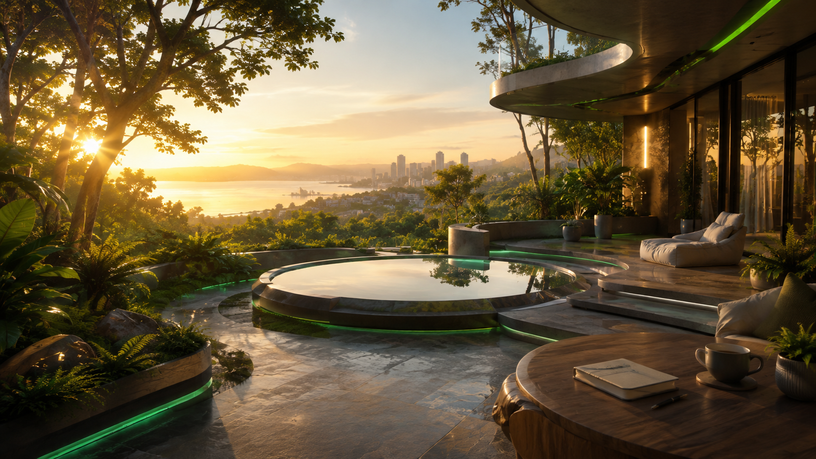 A grounded workspace opening toward a cultivated sunrise landscape