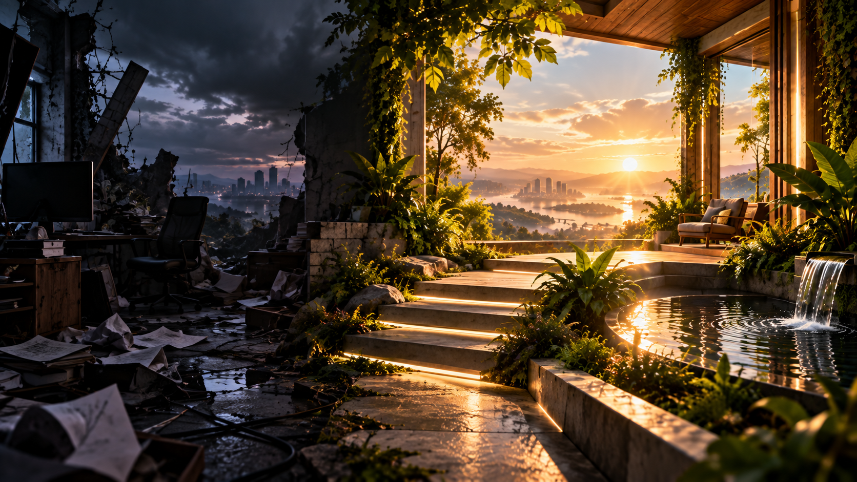 A landscape transforming from fragmentation and darkness into cultivated order and light