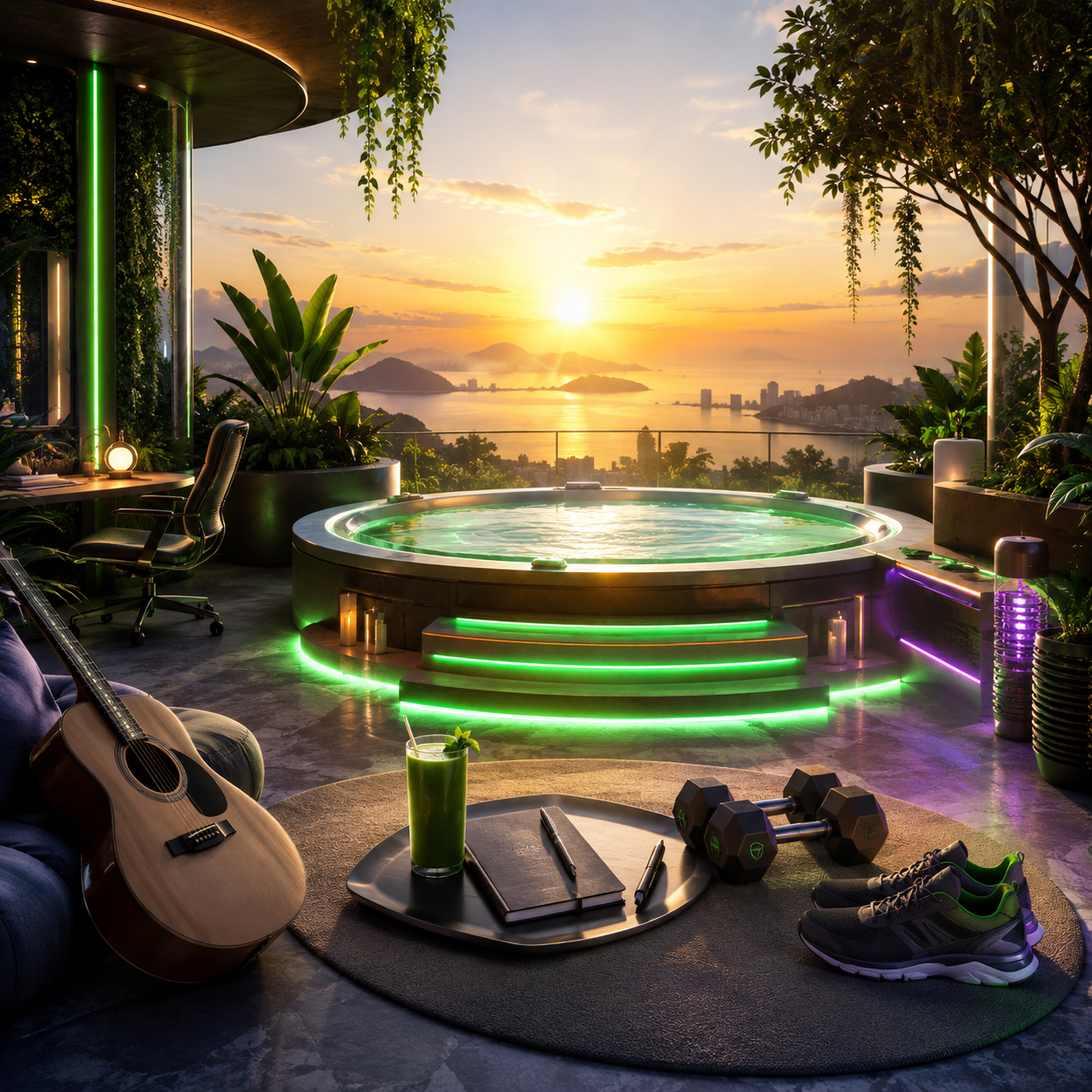 A peaceful sunrise sanctuary representing health, creativity, disciplined work, and stability.