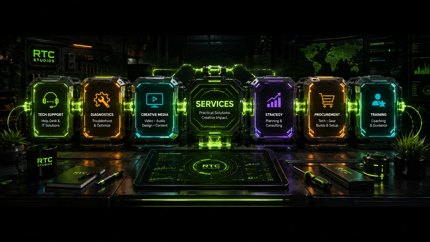 RTC Studios services interface featuring tech support, diagnostics, creative media, strategy, procurement, and training