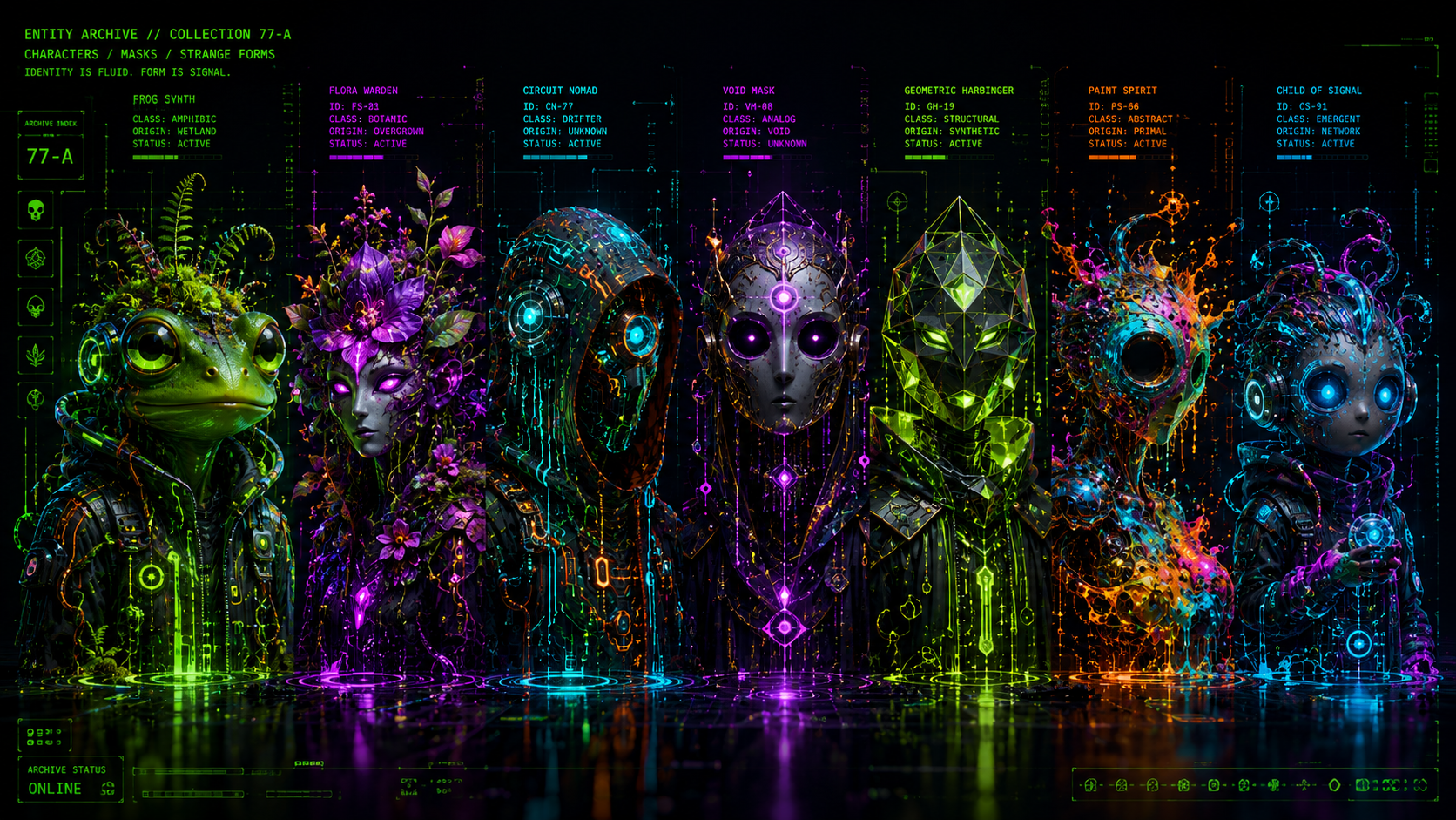 Archive of stylized synthetic characters, masks and strange cyber-organic beings.