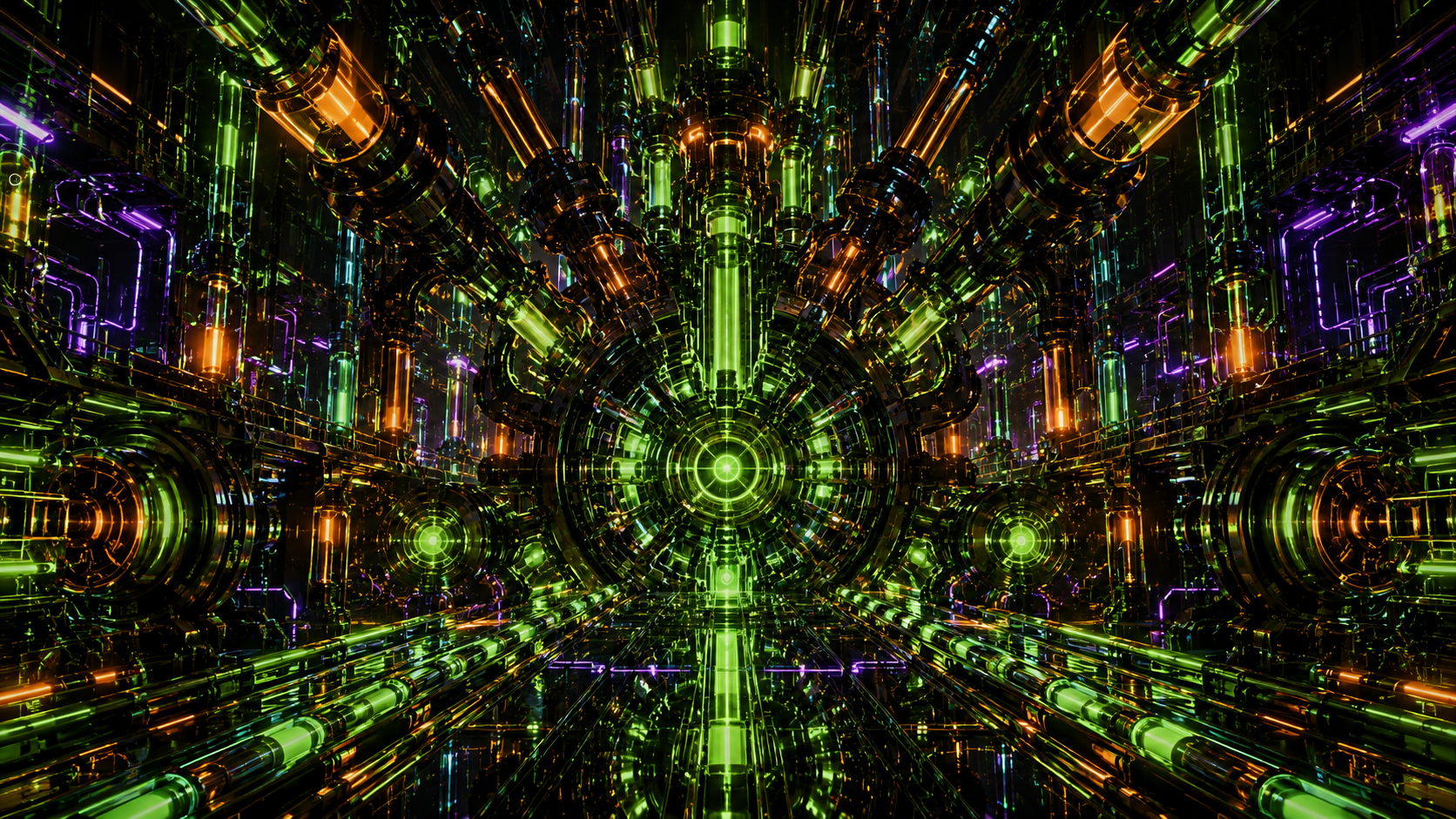 Symmetrical futuristic machine chamber with turbines, pipes and a glowing central reactor.