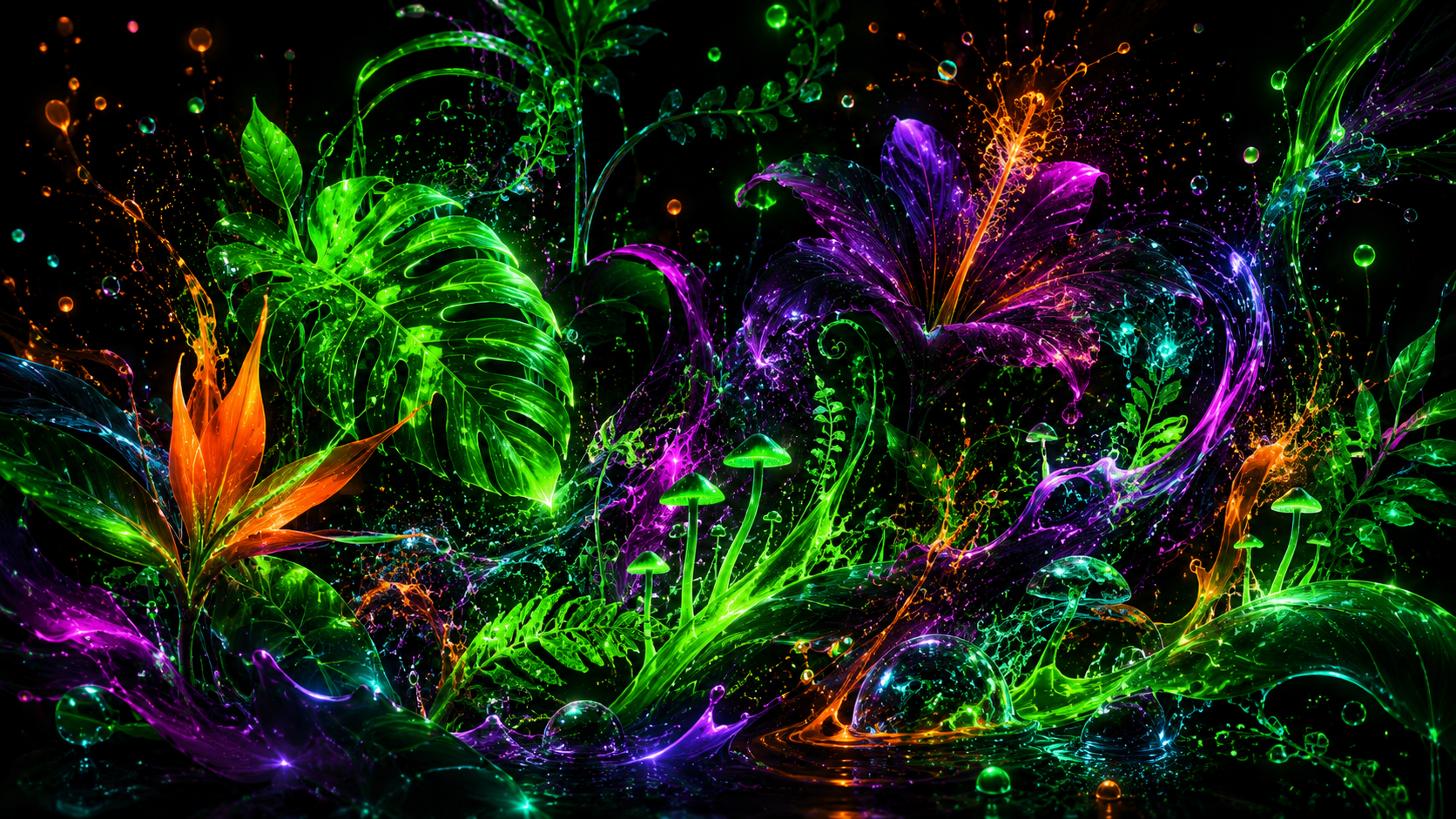Neon botanical abstraction with flowers, leaves, fungi and flowing liquid paint.