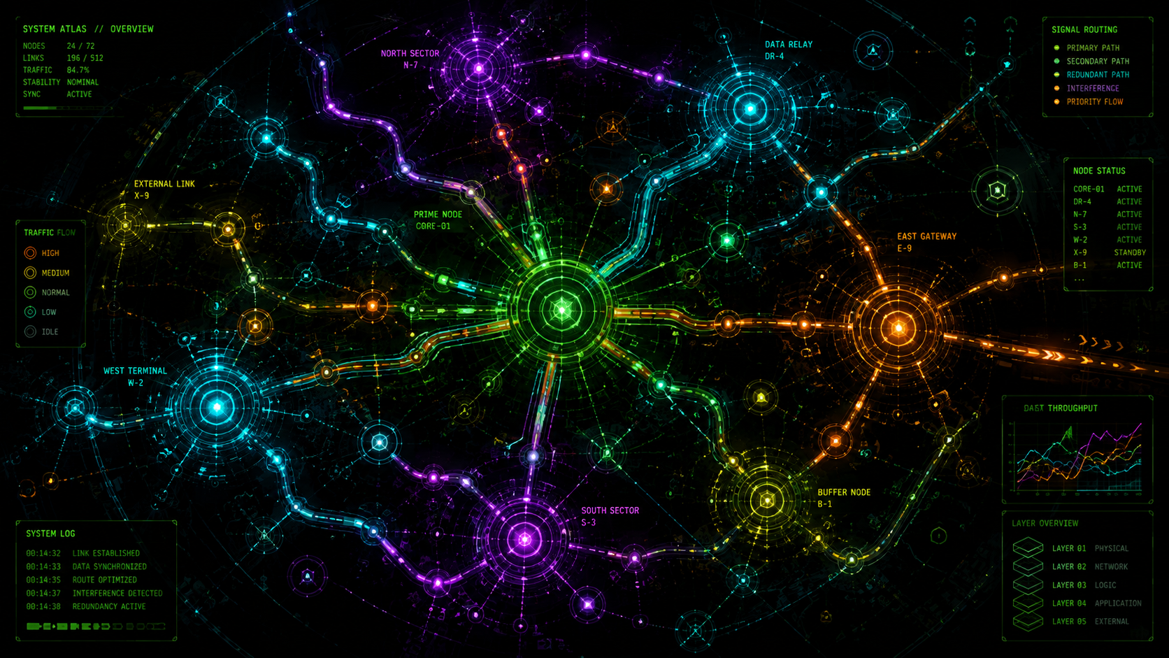 Abstract network atlas showing connected signal hubs, routes and system architecture.