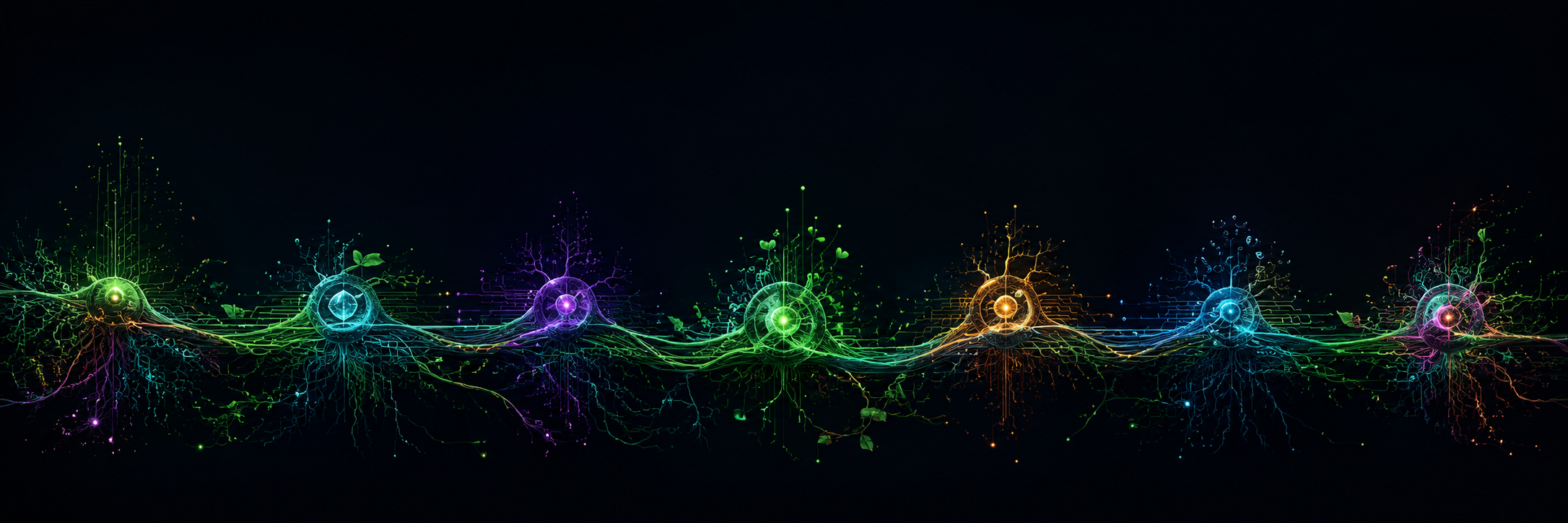 Seven connected luminous bio-signal nodes growing through digital roots.