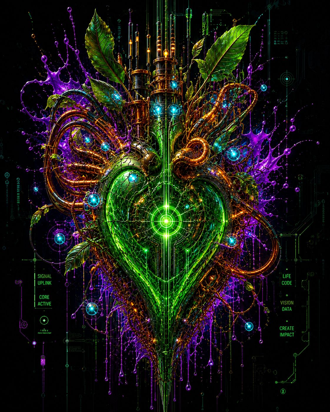 Bio-mechanical heart combining living leaves, circuitry, paint and luminous signals.