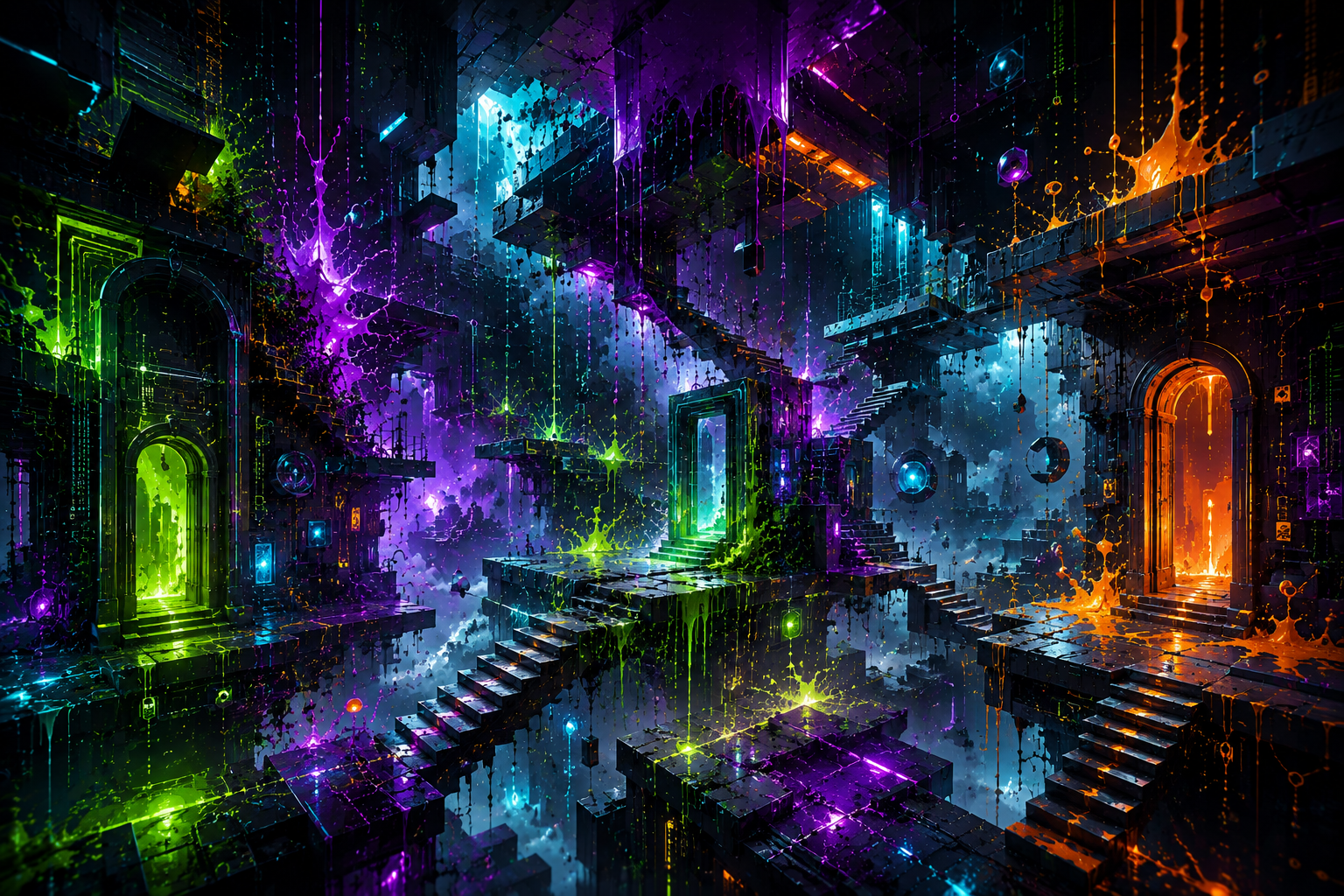 Surreal digital architectural environment combining paint, light and impossible structures.