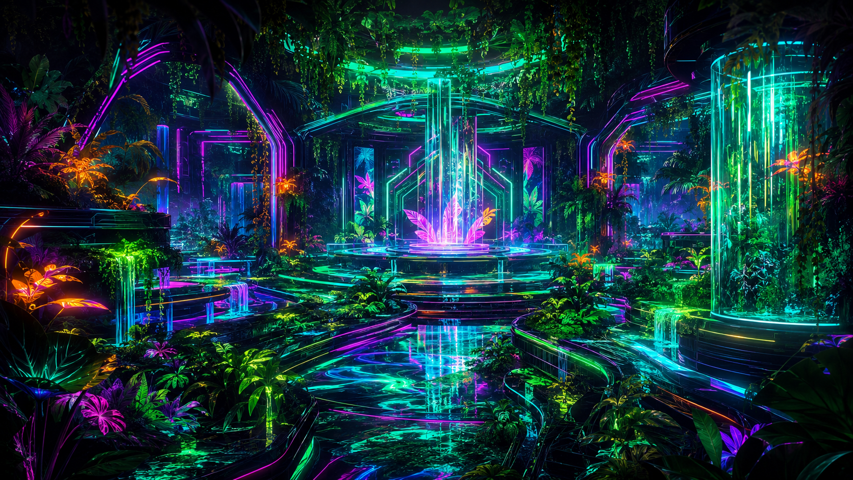 Neon synthetic atrium combining botanical growth with futuristic architecture.