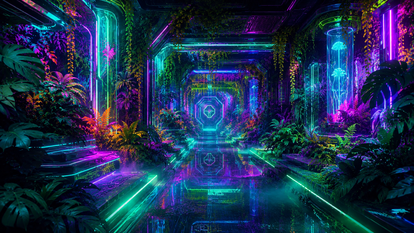 Glowing cyber-organic passage through a synthetic botanical structure.