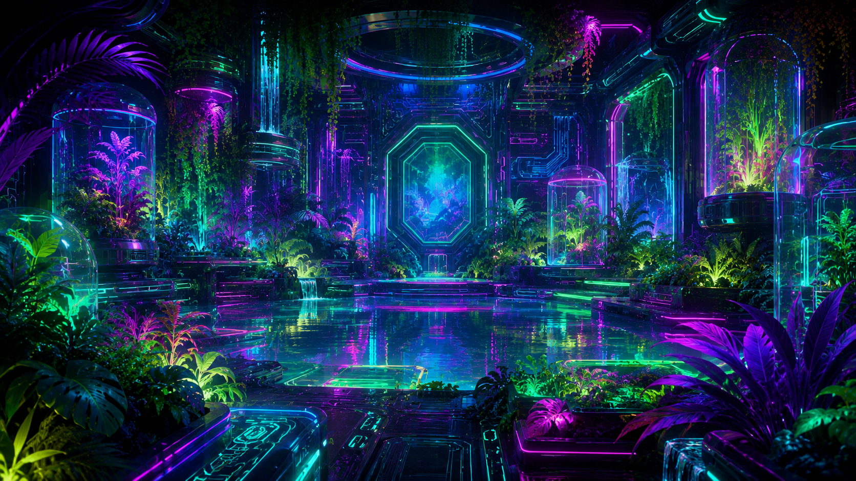 Futuristic neon conservatory filled with luminous synthetic plant forms.