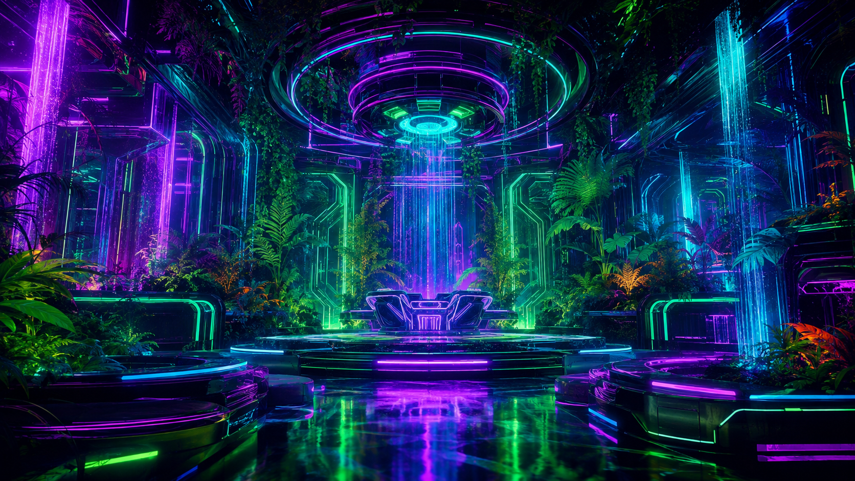 Neon bio-architectural chamber with circular machinery and botanical growth.