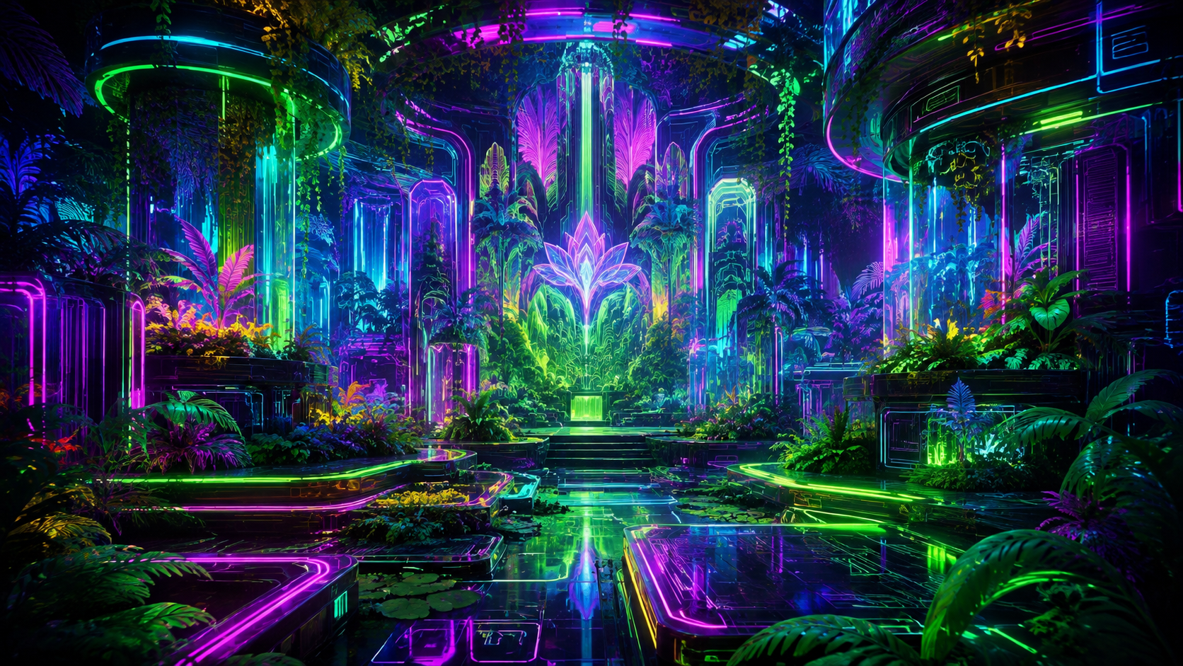 Luminous synthetic garden blending plants, circuitry and futuristic structures.