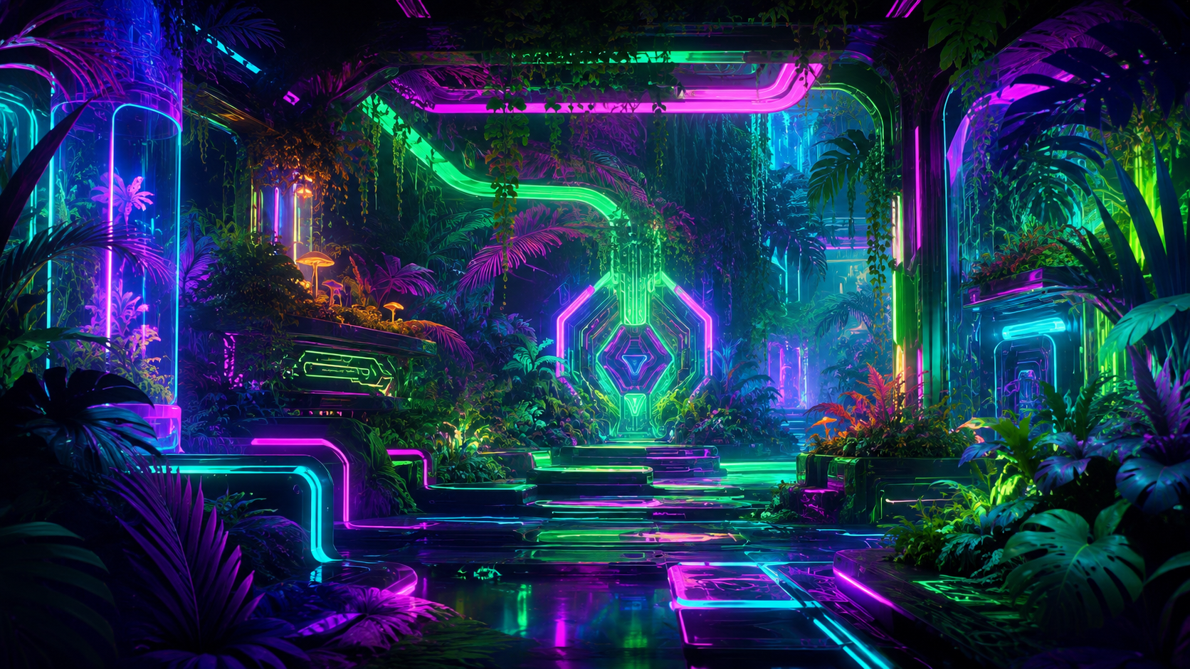 Cyber-organic sanctuary illuminated by neon pathways and botanical forms.