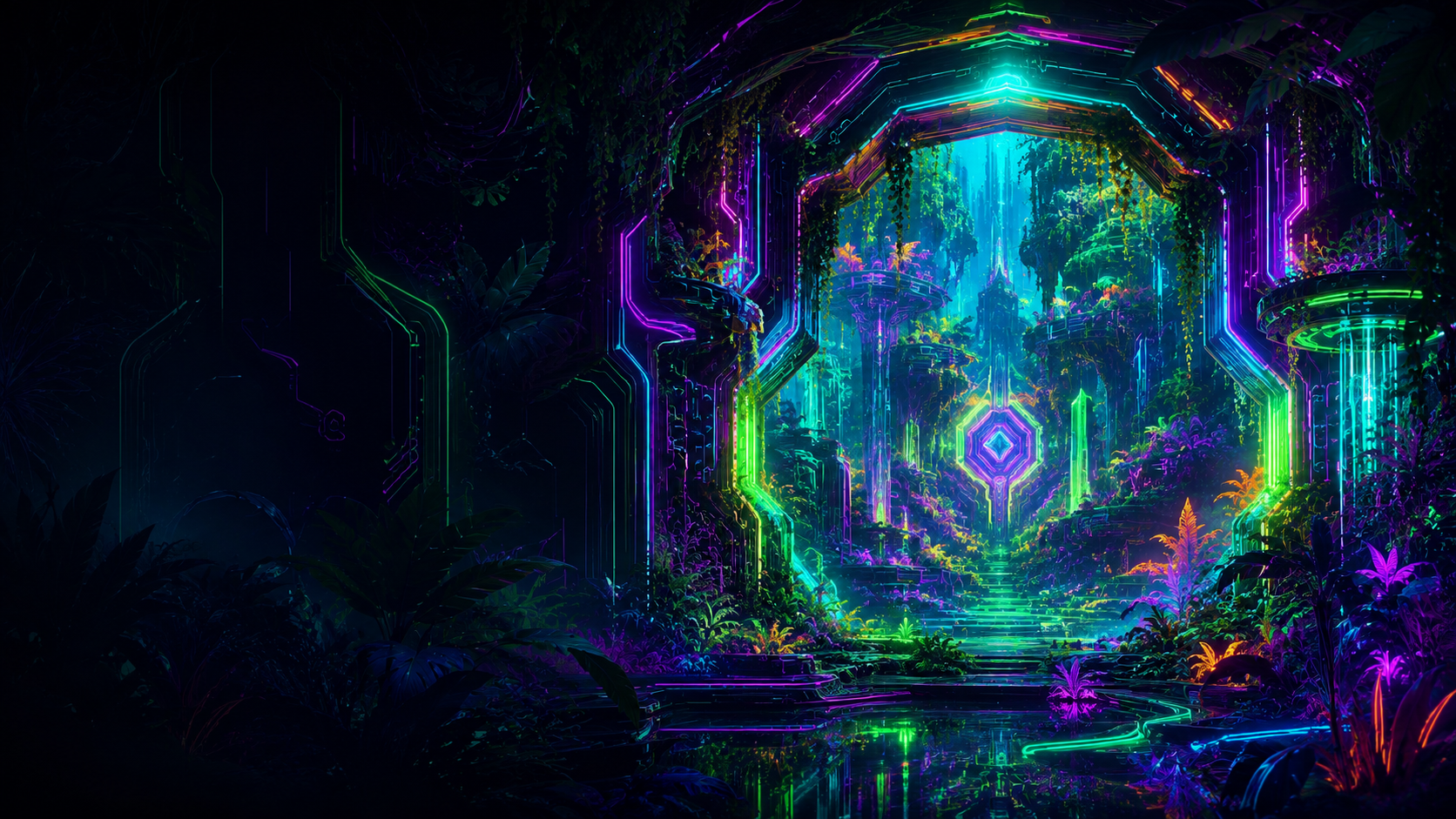 Neon bio-architectural threshold leading into a synthetic botanical environment.