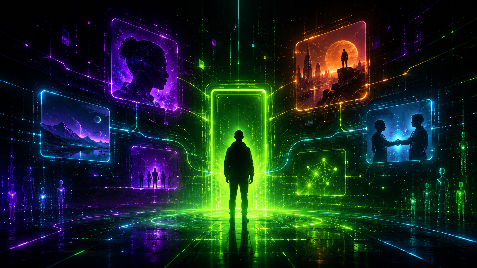 Cinematic neon portrait artwork marking the route to About.