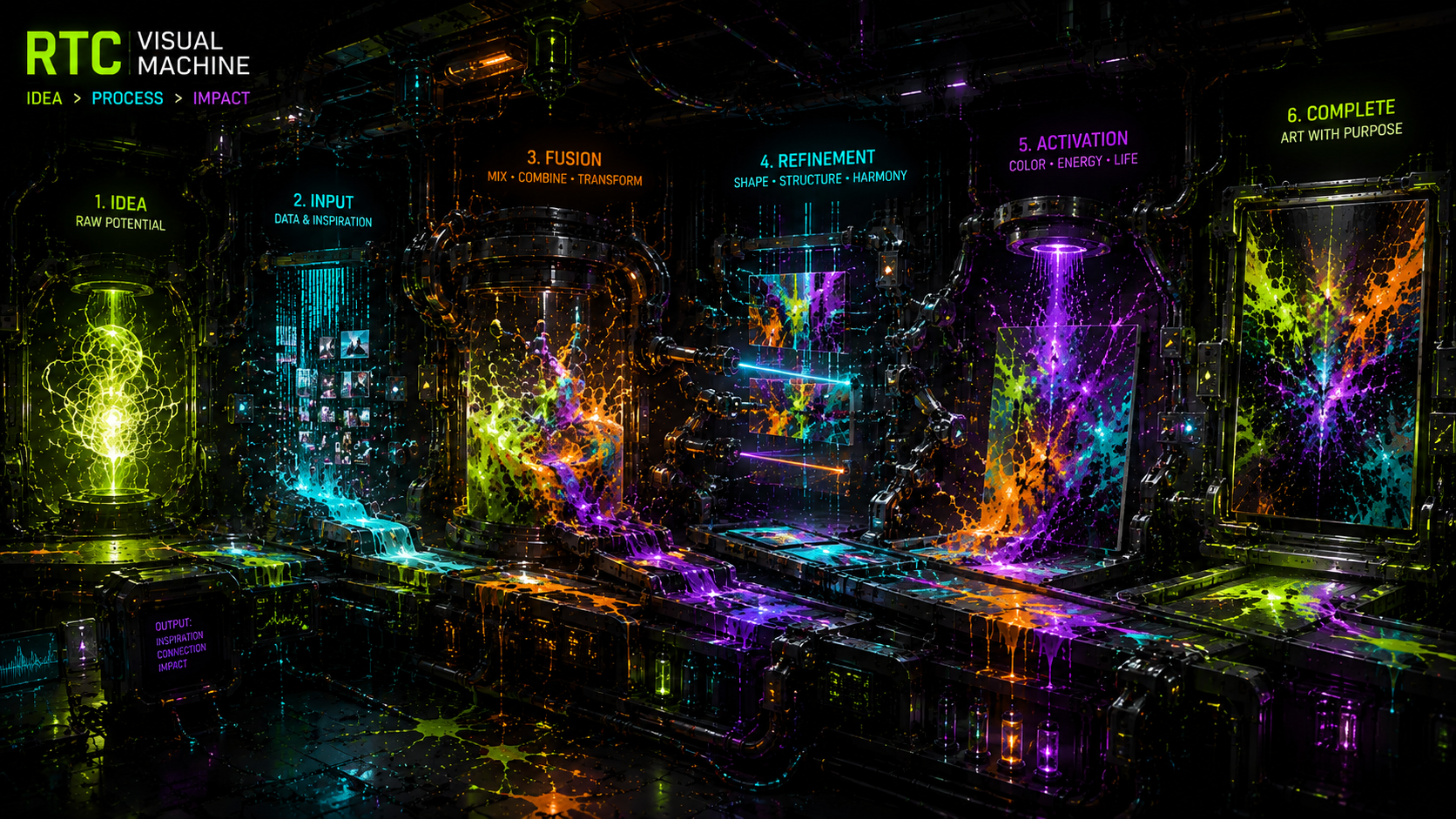 RTC visual creation machine transforming creative inputs through an experimental production system.