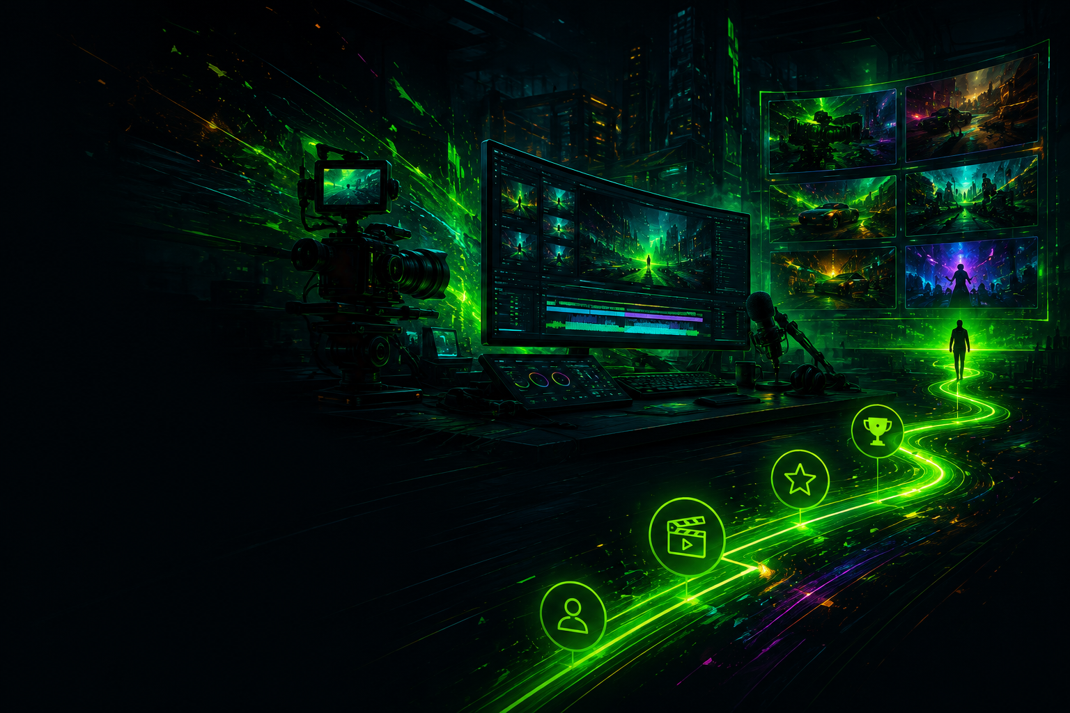 Creative RTC production environment with editing tools, media screens, and a glowing pathway representing experience and progress.