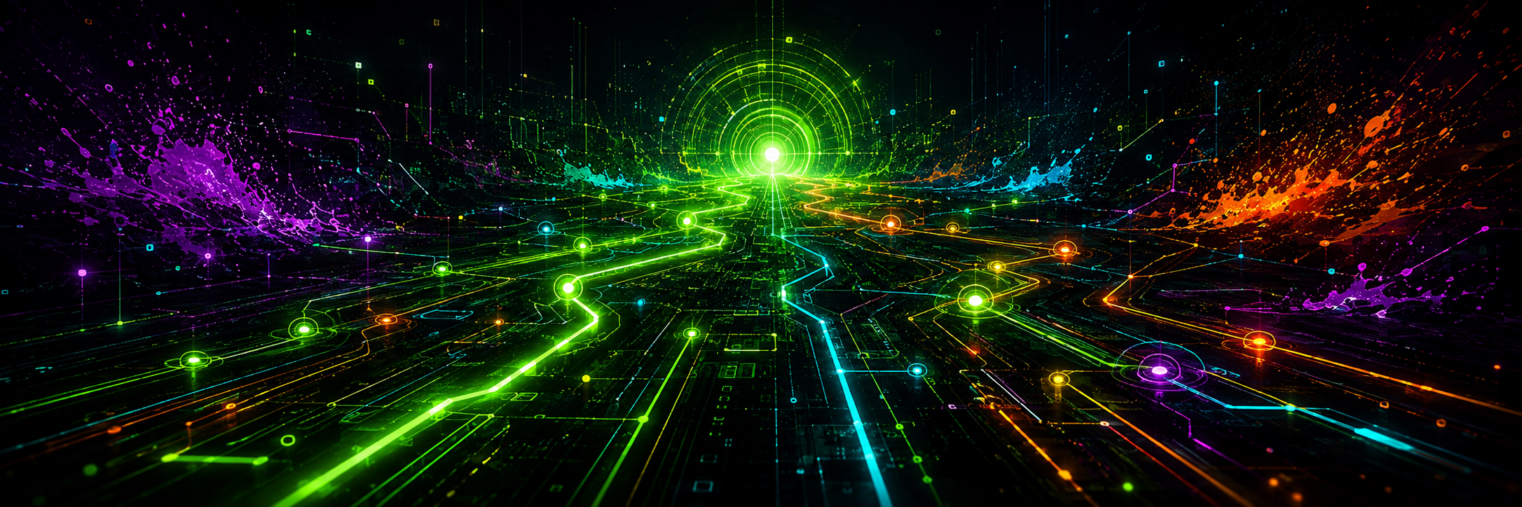 A neon signal map converging on a central radar beacon