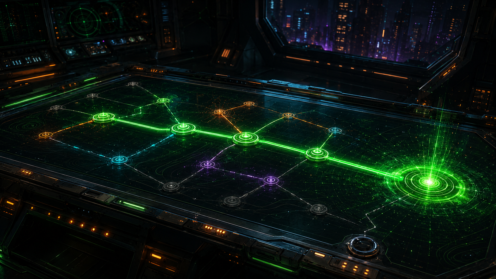 RTC retro-arcade mission-control console with a glowing roadmap display