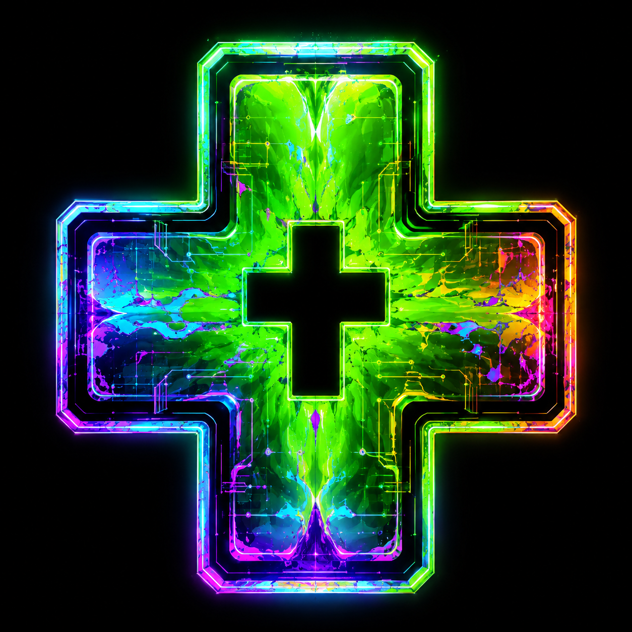 Neon Christian cross with green, cyan, purple, and orange painted circuitry.