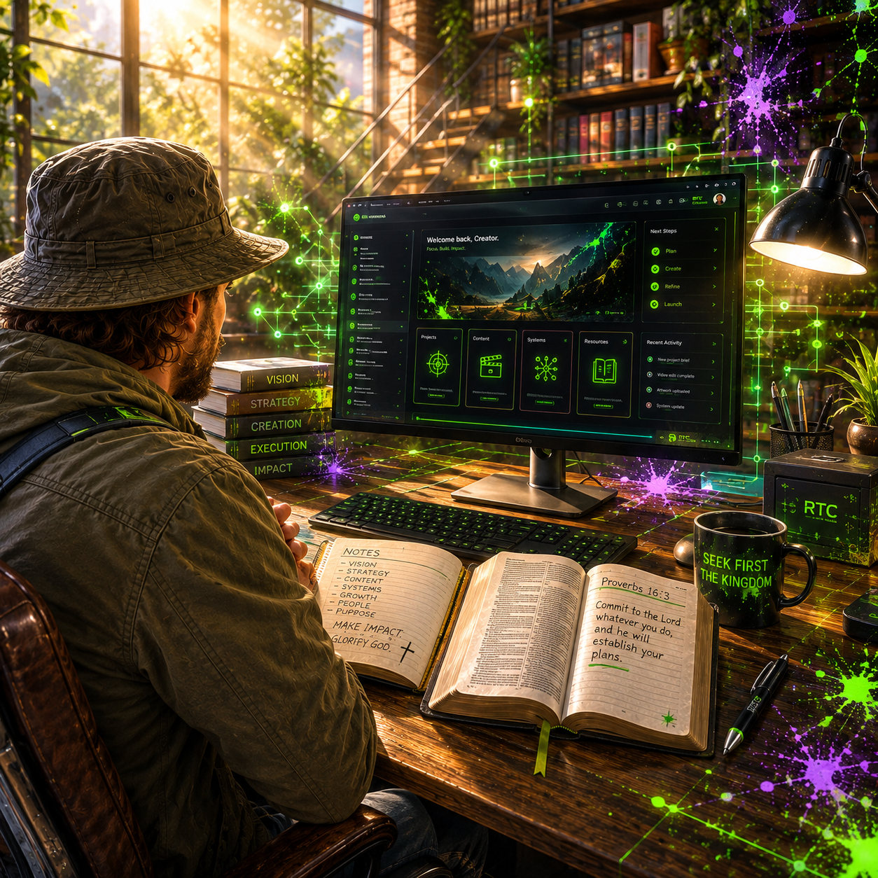 Tyler studying at his desk with a Bible, notebook, and monitor, seeking God first before building.
