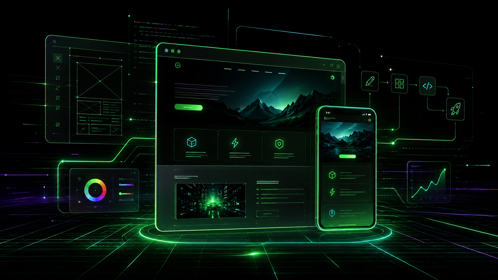 RTC Studios web design interface showing desktop and mobile website development, design tools, code, workflow, and analytics.