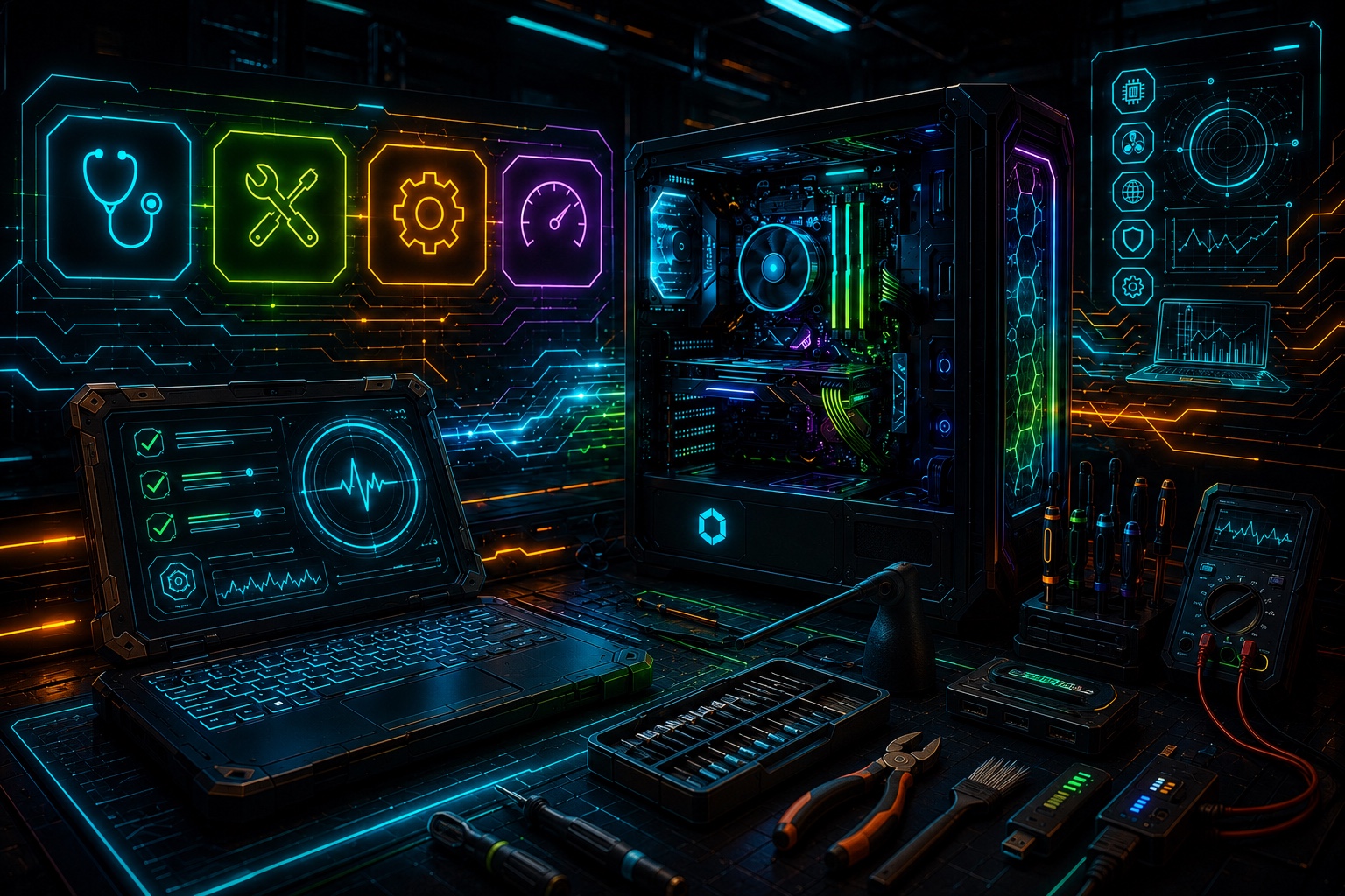 Computer diagnostics and hardware tools in a technical workspace