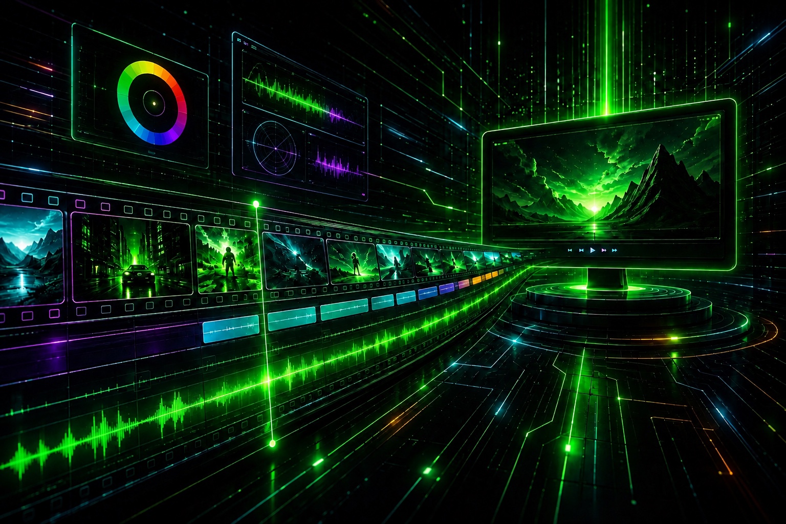 Video editing suite with timeline, film strip, audio, and color tools