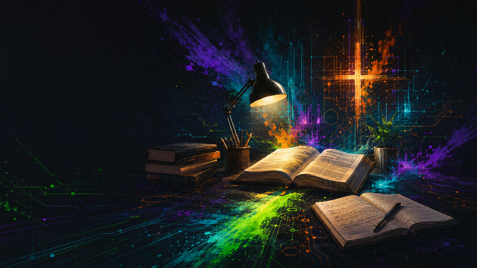 An illuminated study desk with an open Bible, books, notes, circuitry, and colorful painted light representing Christian study and spiritual growth.