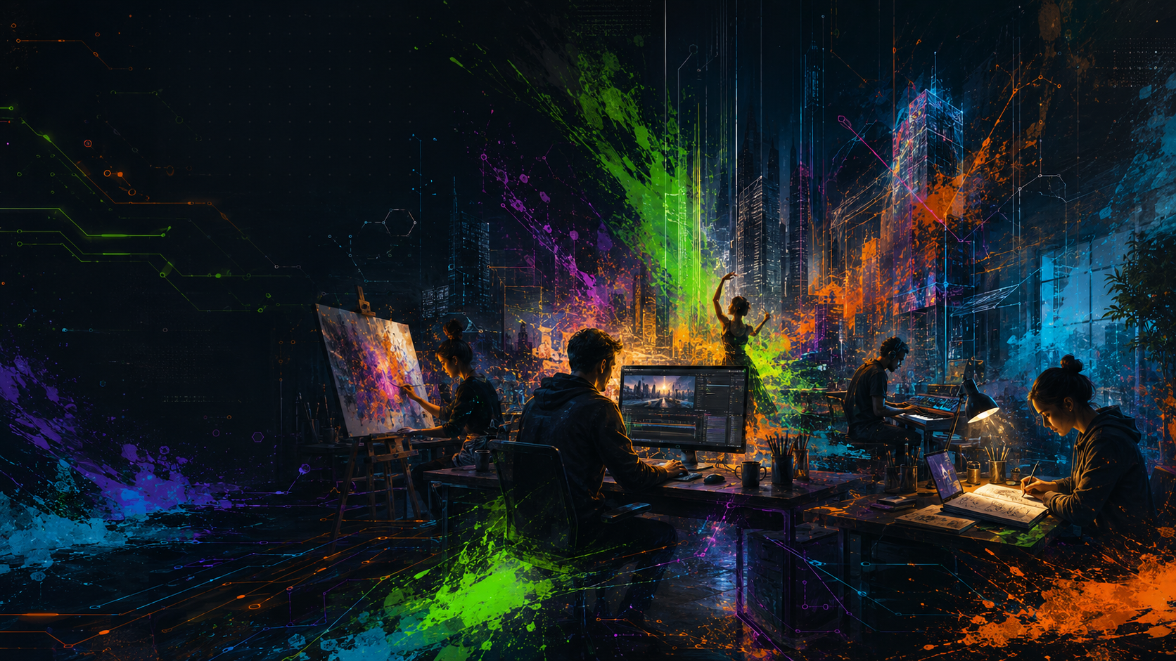 Artists, editors, writers, musicians, and performers working in a futuristic creative studio, representing faith expressed through disciplined action and service.