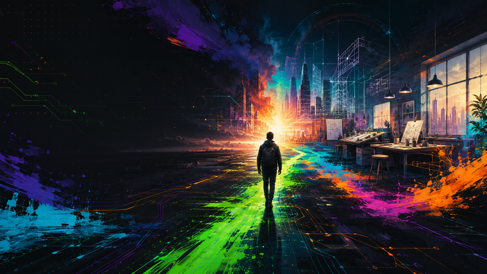 A person following a glowing path toward a futuristic creative city and workspace, representing calling, mission, and faithful direction.