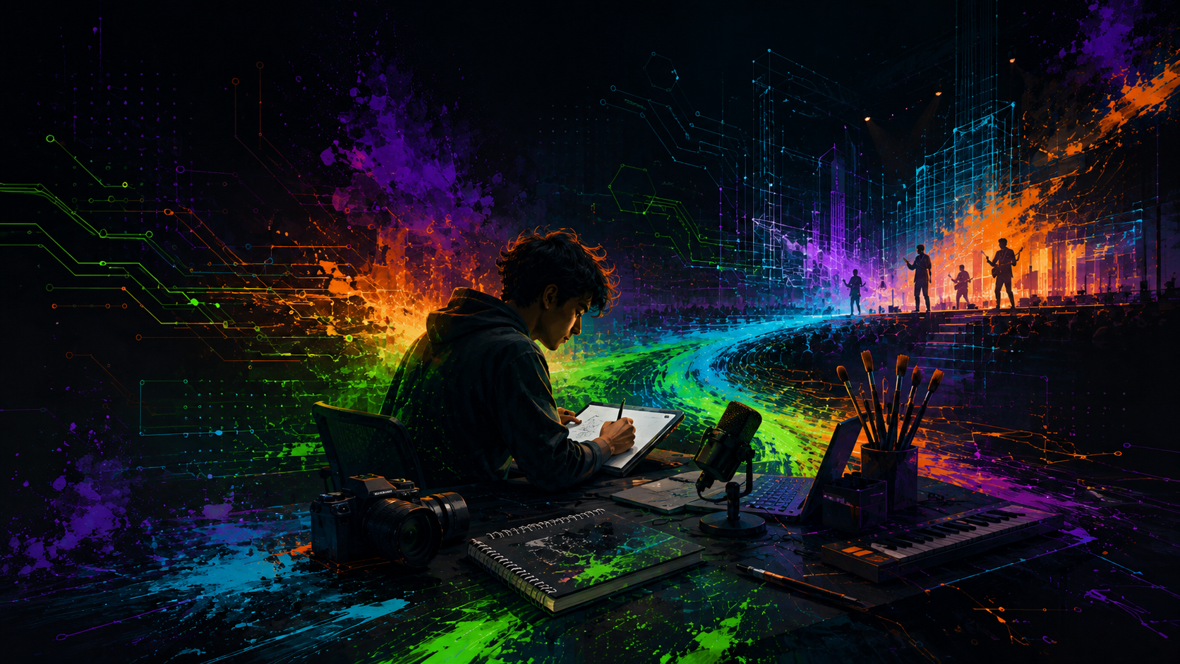 A creator working among cameras, microphones, writing tools, digital equipment, and performance imagery, representing the faithful development of creative gifts.