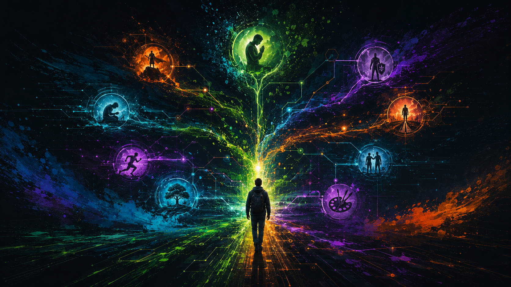A person approaching an interconnected tree of glowing paths and symbols representing prayer, courage, wisdom, relationships, creativity, and Christian character.