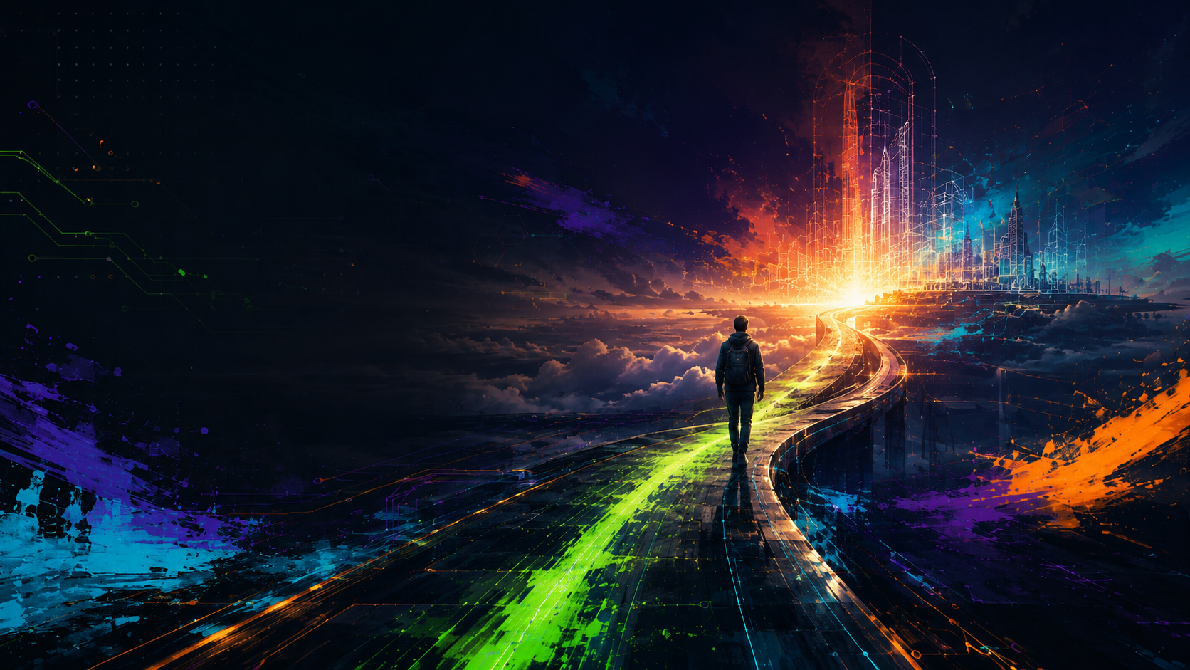 A lone figure traveling along an elevated glowing path toward a luminous future city, representing vision, direction, and long-term purpose.